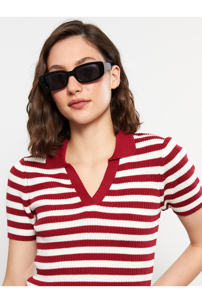 LC Waikiki Gestreifter Kurzarm-Strickpullover für Damen mit Polokragen