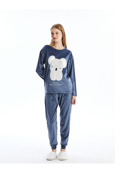 LC Waikiki H12 Damen-Pyjama-Set aus Samt mit Rundhalsausschnitt und Stickerei und langen Ärmeln