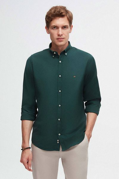 D'S Damat Ds Damat Slim Fit Πράσινο γιακά με κουμπιά Oxford Βαμβακερό πουκάμισο με λεπτομέρεια κεντήματος που σιδερώνει εύκολα