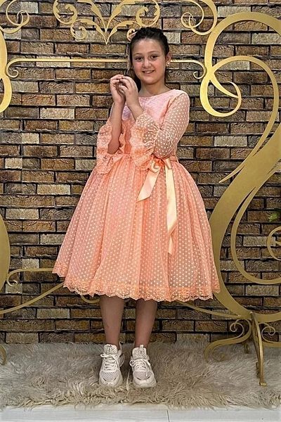 Şenkız Rochie pentru fete, model prințesă, cu buline, cu cataramă, rochie pentru fete de culoare somon