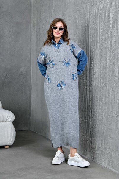 Miss Allos Γυναικεία μανίκια τζιν με λεπτομέρεια μπροστινό τούλι λουλούδι και πέτρα κεντημένο με φαρδιά εφαρμογή μακρύ πλεκτό φόρεμα