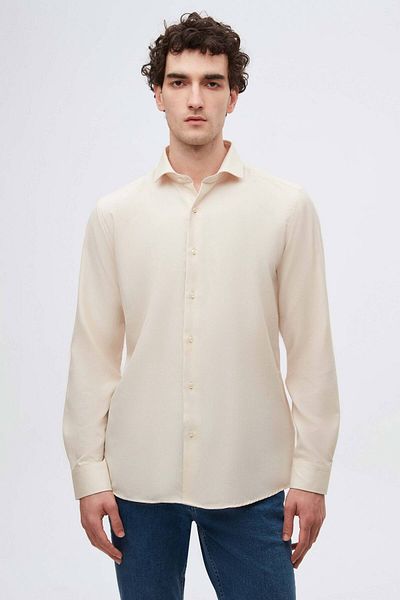 D'S Damat Slim Fit Μπεζ ιταλικό πέτο Dobby μακρυμάνικο εύκολο σιδέρωμα αναπνεύσιμο τέσσερις εποχές