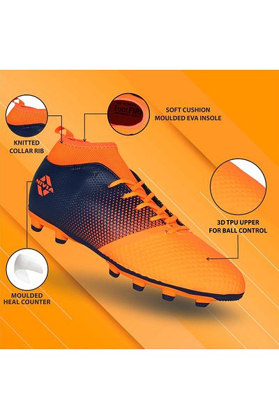Nivia Ashtang Football Shoes (Black/Orange, 3 UK/ 4 US / 37 EU) | Synthetic Leather