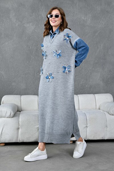 Miss Allos Γυναικεία μανίκια τζιν με λεπτομέρεια μπροστινό τούλι λουλούδι και πέτρα κεντημένο με φαρδιά εφαρμογή μακρύ πλεκτό φόρεμα