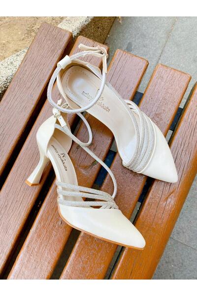 AZLAYAYAKKABI sedef beyaz taşlı kadın topuklu stiletto