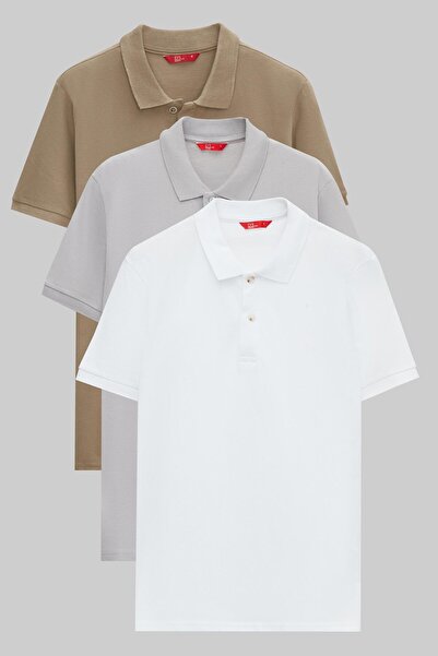 D'S Damat Mire Regular Fit - Tricou cu gât polo din nurcă/gri/alb piqué, 100% bumbac