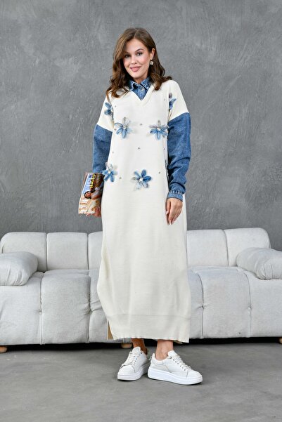 Miss Allos Γυναικεία μανίκια τζιν με λεπτομέρεια μπροστινό τούλι λουλούδι και πέτρα κεντημένο με φαρδιά εφαρμογή μακρύ πλεκτό φόρεμα