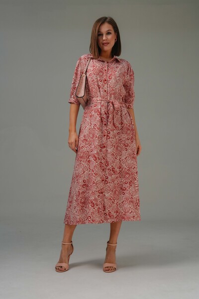 Saade Kiremit Kısa Kol Kuşaklı Dokuma Midi Gömlek Elbise