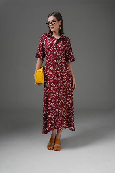 Saade Burgundy Draped Sleeve Belted Woven Maxi Shirt Dress