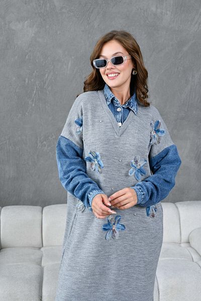 Miss Allos Γυναικεία μανίκια τζιν με λεπτομέρεια μπροστινό τούλι λουλούδι και πέτρα κεντημένο με φαρδιά εφαρμογή μακρύ πλεκτό φόρεμα