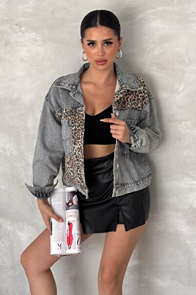 FEMELLE Jachetă de blugi cu buzunar dublu cu imprimeu leopard maro pentru femei