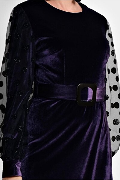 Alvina KADİFE KOLLARI TÜLLÜ KEMERLİ ELBİSE 40378