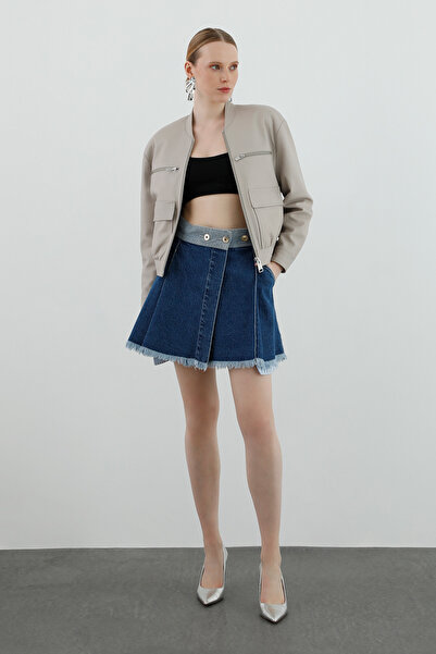 GİZİA Hakim Yakalı Uzun Kollu Kısa Bomber Deri Bej Ceket