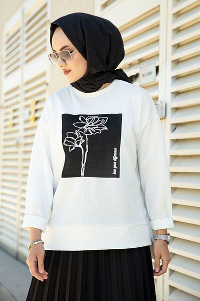 SEVENLINE Rose Printed Slit Detailed Tunic Sweatshirt and Pleated Skirt Set