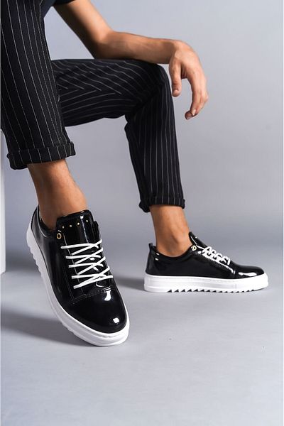 MCEM STORE Slw152 - Cool Patent Leather Lace-up Men's Black Sneakers