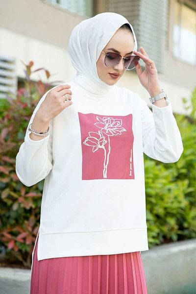 SEVENLINE Rose Printed Slit Detailed Tunic Sweatshirt and Pleated Skirt Set