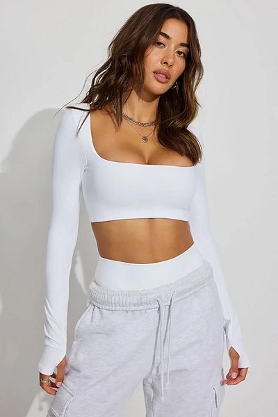 Seeh White Square Collar Finger Detailed Women's Bodysuit Sh211