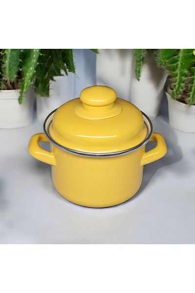 qussine Luxury Enamel - 12cm 900ml Yellow Mini Pot, Egg Boiling and Sauce Pot