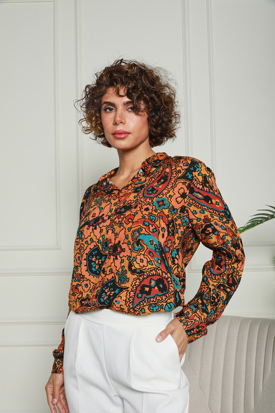 Butik Nuevoo Kadın Hardal Şal Desenli Viskon Gömlek