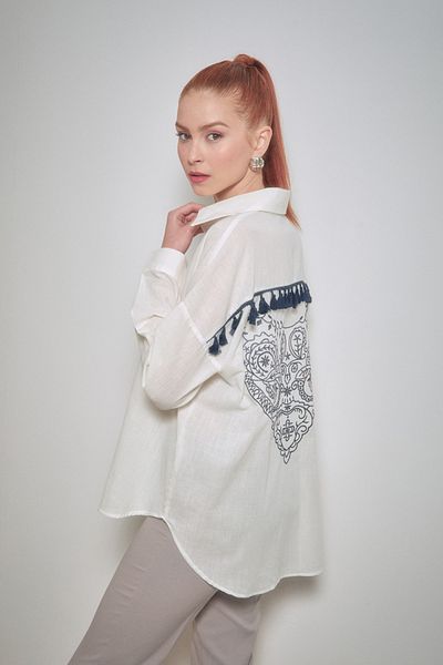 Fulla Moda Back Embroidered Tasseled Linen Shirt