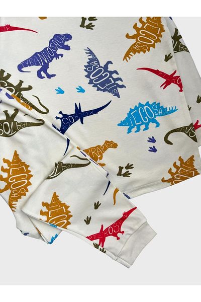 elmas kids Boy's 100% Cotton Ecru Dinosaur Patterned Long Sleeve Pajama Set