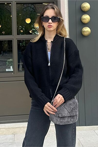 Madmext Černý pletený svetr s dlouhým rukávem na zip Mg2061