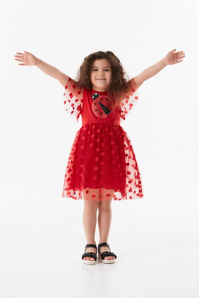 Fulla Moda Girl's Dress - Printed and Tulle Detail