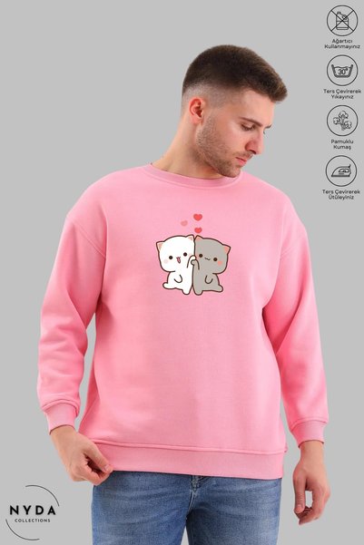Nyda Collections Unisex Long Sleeve Heart Bubu Dudu Printed Crew Neck Hoodless Oversized Sweatshirt