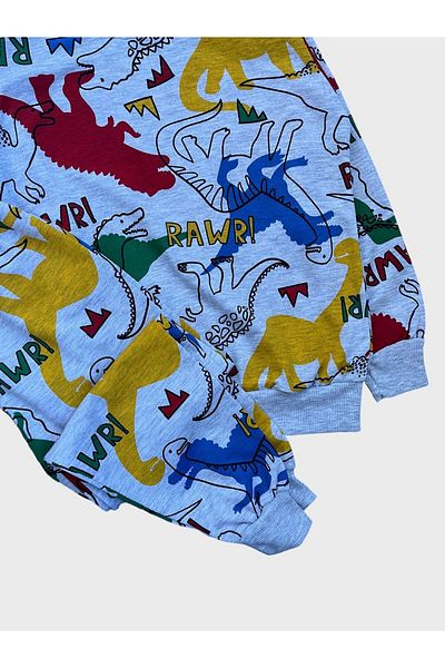 ALİŞ KİDS Boy's Cotton Gray Dinosaur Patterned Long Sleeve Seasonal Pajamas Set