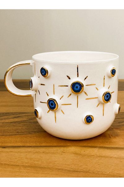 Nazar 24 Carat Gold Decorated, Evil Eye Embossed, Handmade, Evil Eye Mug, Evil Eye Mug, 300 ml