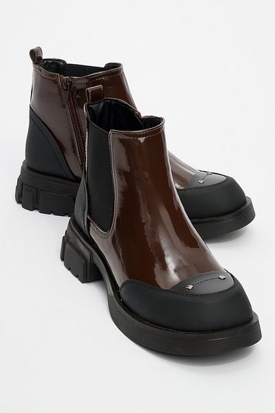 LuviShoes Albia Brown Patent Leather Zippered Elastic Women's Boots