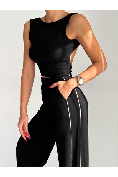 DeChival Yandan Şeritli Modal Kumaş Eşofman Altı Bol Kesim / Wıde Cut Trousers Wıth Sıde Strıpes