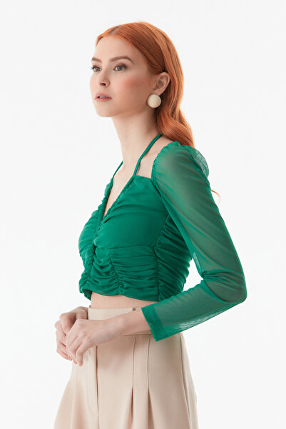 Fulla Moda Gathered Front Crop Blouse with Tie Collar