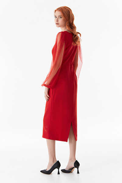 Fulla Moda Slit Dress with Tulle Sleeves Detail