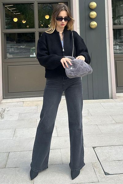 Madmext Cardigan negru cu mânecă lungă, cu fermoar, MG2061
