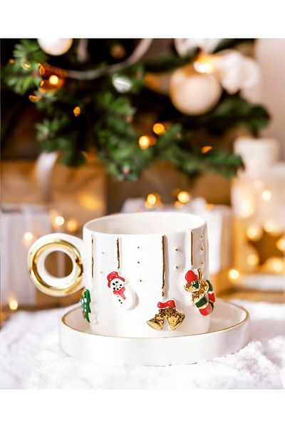 Monako Limited Edition 24K Gold Decorated - Christmas Embossed Cup Christmas Mug, Cup 100 ml