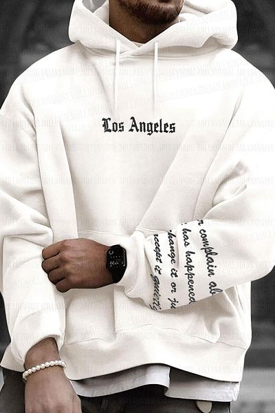 Millionaire Los Angeles Printed - Ανδρικό φούτερ Ecru Fleece Kangaroo Oversize