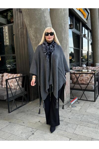 Butik Nilyam Γυναικείο φούτερ Poncho με γούνινο γιακά μεγάλου μεγέθους 24641