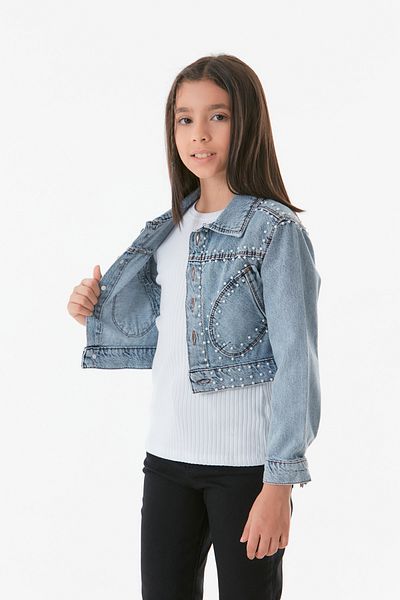 Fulla Moda Jachetă de blugi crop cu buzunare cu perle pentru fete