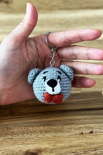 FCSTORE Gray Bow Tie Teddy Bear Amigurumi - Handmade Organic Vegan Toy Keychain Bag (1 Piece)