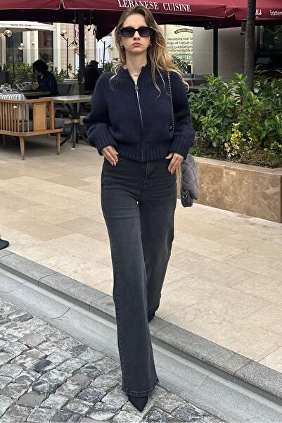 ELBA STİL سترة تريكو بأكمام طويلة وسحاب باللون الأزرق الداكن