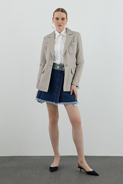 GİZİA Ceket Yakalı Cep Detaylı Klasik Blazer Bej Deri Ceket