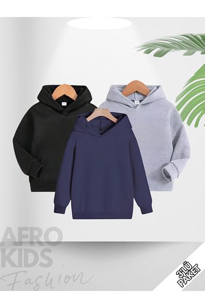 GLOWES Children's Unisex 3 Pack Plain Unprinted Hooded Oversize Sweatshirt
