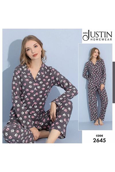 Mrs Justin Rio Mammy Women's Suede Front Buttoned Paw Pattern Pajamas Set 2645