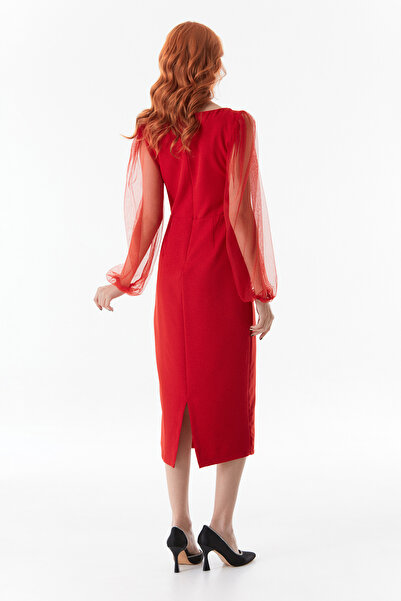 Fulla Moda Slit Dress with Tulle Sleeves Detail