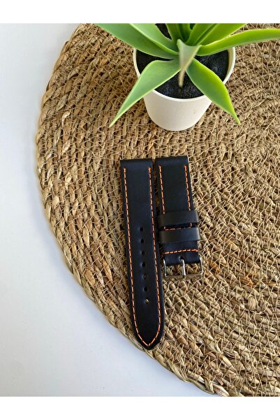 Prizma 22mm Düz Siyah Suni Deri Saat Kordonu. Neon Turuncu Dikiş.