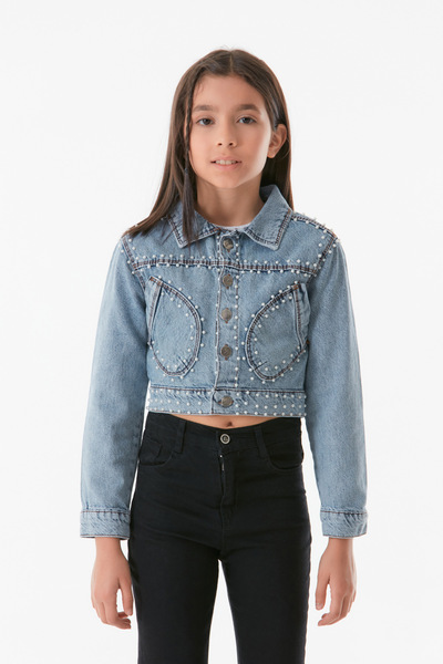 Fulla Moda Дівчача куртка з джинсової тканини з кишенями та перламутровими деталями