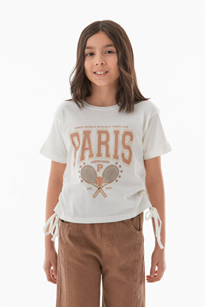 Fulla Moda Text Printed Girl's T-Shirt with Gathered Sides