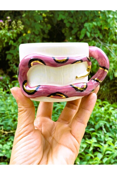 Monako Limited Edition 220 ml Snake Mug - 24 Carat Gold Embroidered and Snake Embossed Handmade Gift Mug