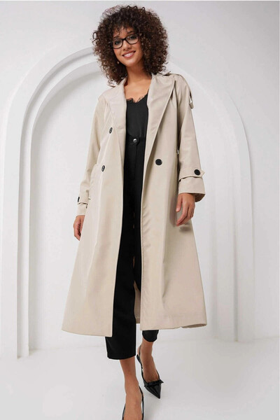 hazelin Cream Colored Women's Trench Coat - Double Breasted Collar, Belt and Lining, Seasonal Hzl25W-Bd 159411